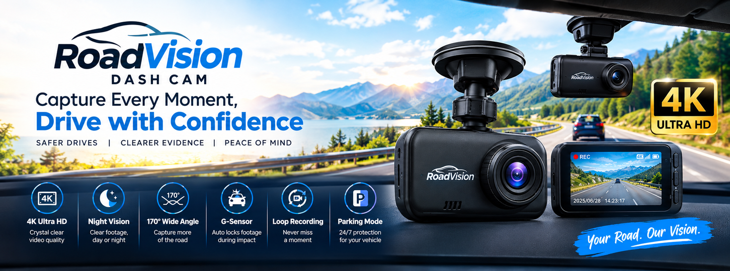 RoadVision Dash Cam promotional artwork showing 4K Ultra HD, night vision, 170 degree view, G-sensor, loop recording and parking mode